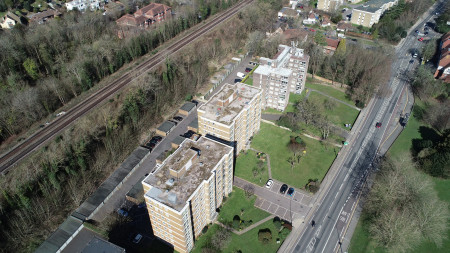 Aerial view of blocks of long leasehold flats near Withdean Park, Brighton